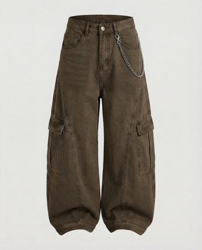 Weite Damen Cargo-Hose mit niedrigem Bund und großen Taschen