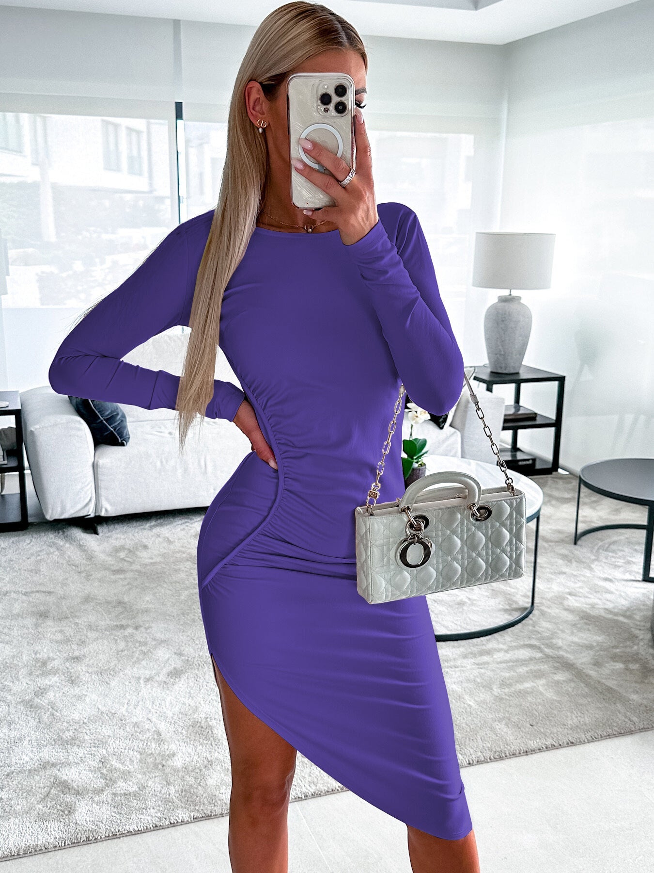 Damen Langarmkleid Figurbetont Asymmetrisch Elegant