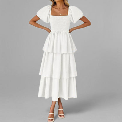 Damen Maxikleid Lang Ärmelig mit Stufenschnitt und Puffärmeln