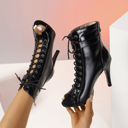 Damen Stiefel Peeptoe Schnürboots mit Stiletto Absatz