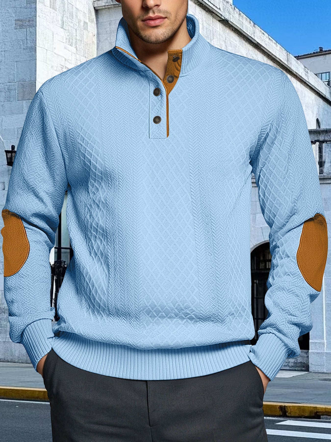Herren Strickpullover Strukturiert Leder Patches Modern