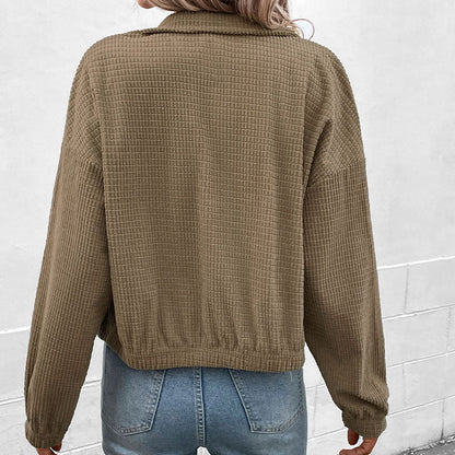 Damen Overshirtjacke Leicht Waffelmuster Druckknopf