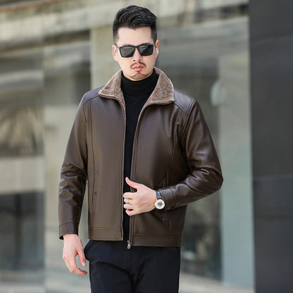 Lederjacke Herren mit Weichem Fleecekragen Schwarz Ledermantel