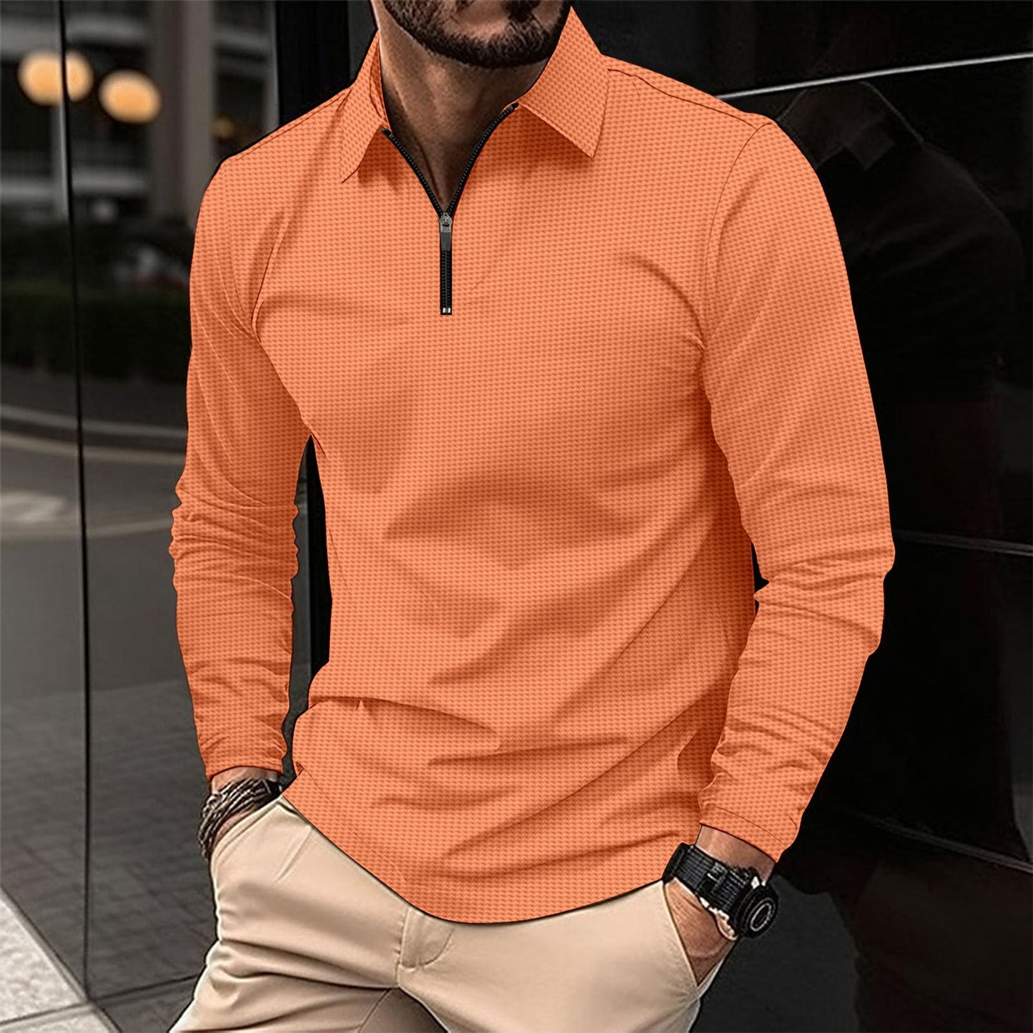 Herren Langarmshirt Elegant Reißverschluss Strukturiert Modern