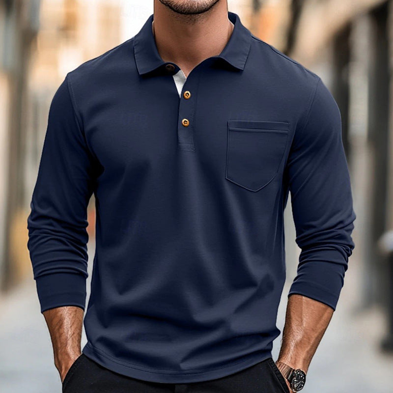 Herren Poloshirt Langarm mit Brusttasche Baumwolle Qualität