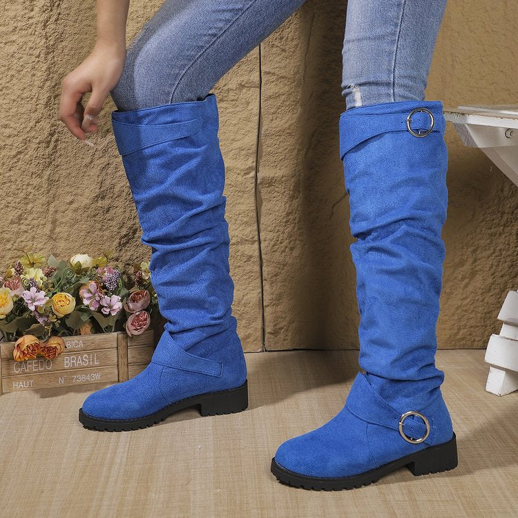 Damen Stiefel Hoch mit Rüschen Design und Riemen Schwarz - BerlinGlamour