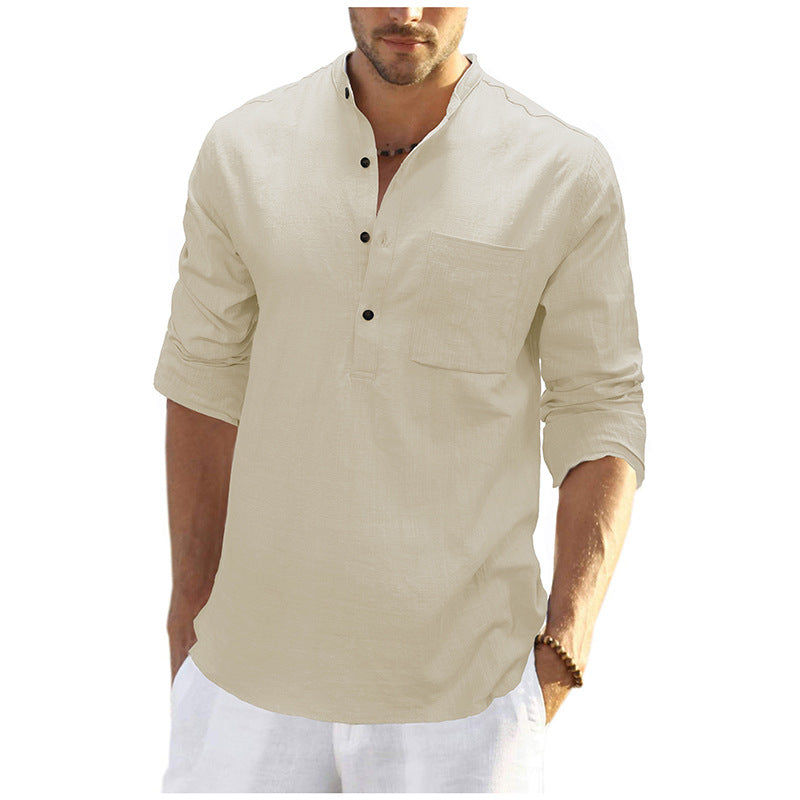Herren Langarmshirt Leinen Mit Brusttasche Bequem