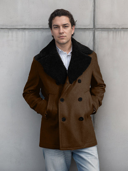 Herren Mantel Eleganter Wolle Fellkragen Schwarz