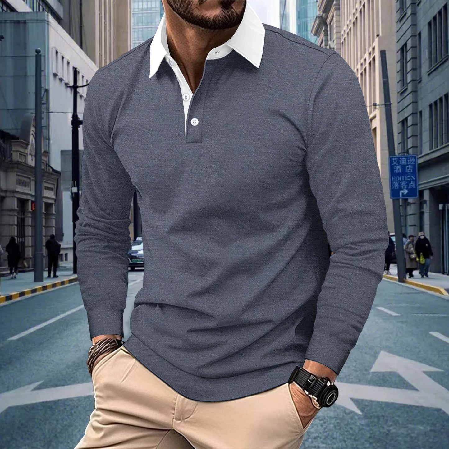 Herren Poloshirt Langarm Klassisch Modern Slimfit