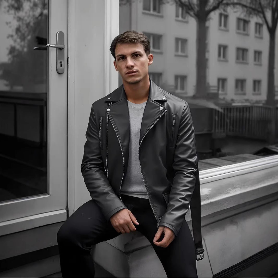 Leder Bikerjacke Herren Steppnaht Schwarz