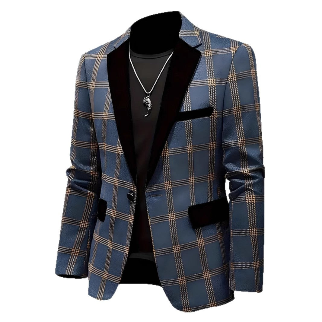 Herren Blazer Karo Elegant Samt Revers Modern
