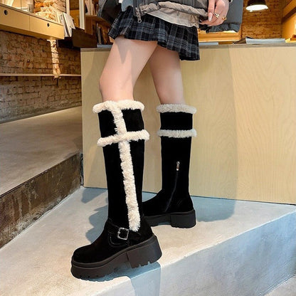 Damen Winterstiefel Flauschig Plateau Heel Modisch