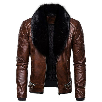 Herren Lederjacke Bikerstil mit Kunstfellkragen Schwarz