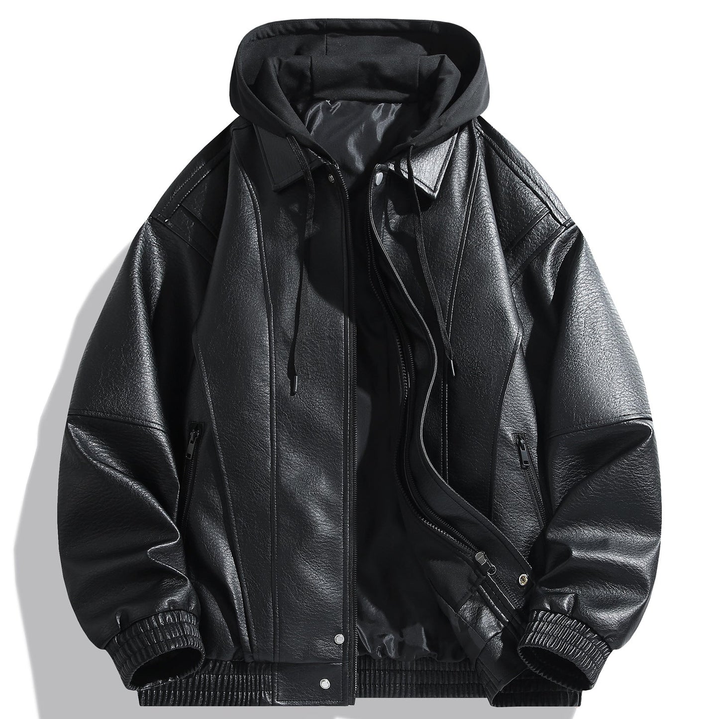 Herren Lederjacke Kunstleder Mit Kapuze Funktions-Taschen