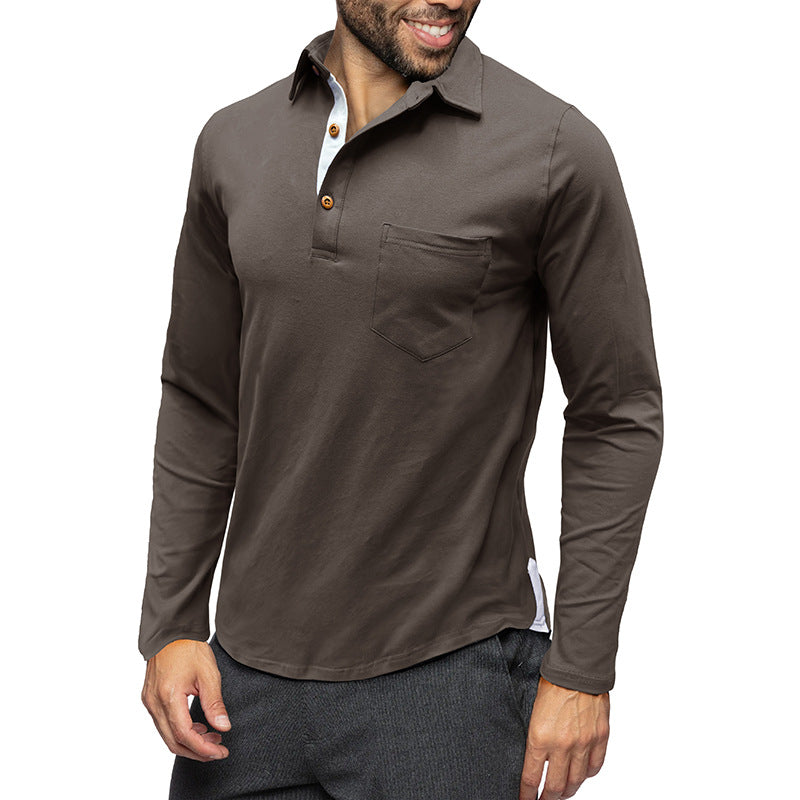 Herren Polohemd Langarm Modern mit Holzknöpfen und Brusttasche
