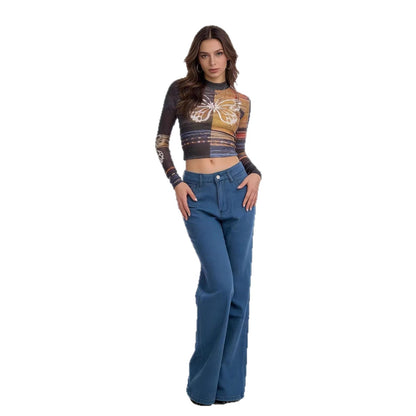 Frauen Jeans Weite Bein Stickerei Blumen