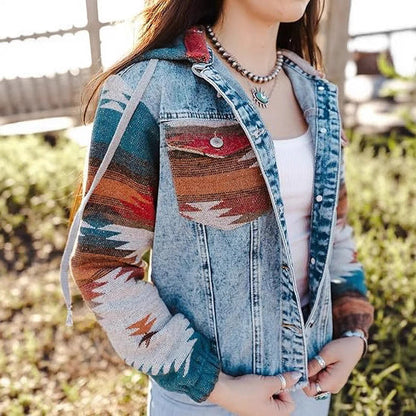 Damen Denimjacke Lässig Boho Kapuze Frauen