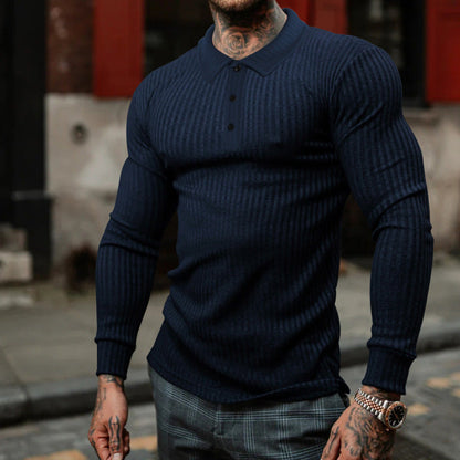 Herren Polohemd Langarm Strukturiert Rippdesign Elegant