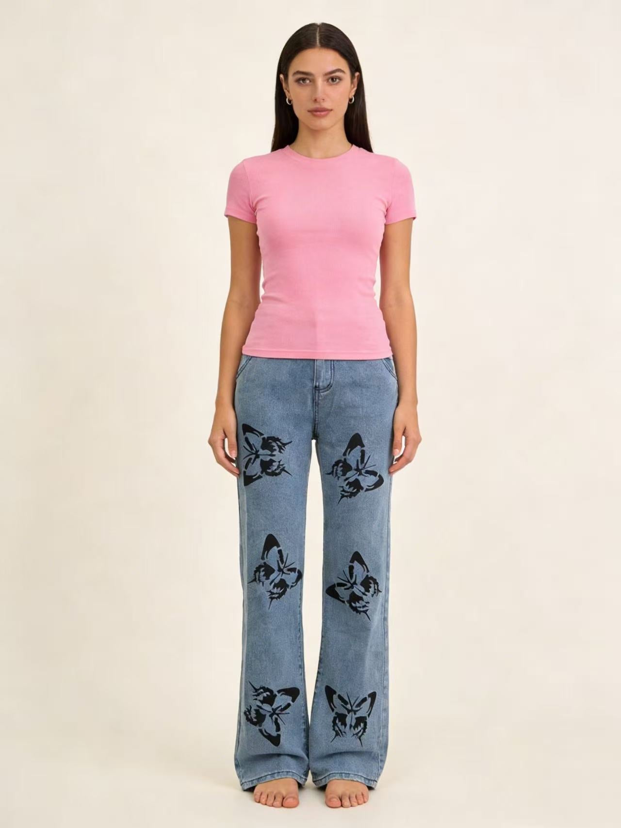 Damen Jeans Hoher Bund Blumenmuster Flare Style