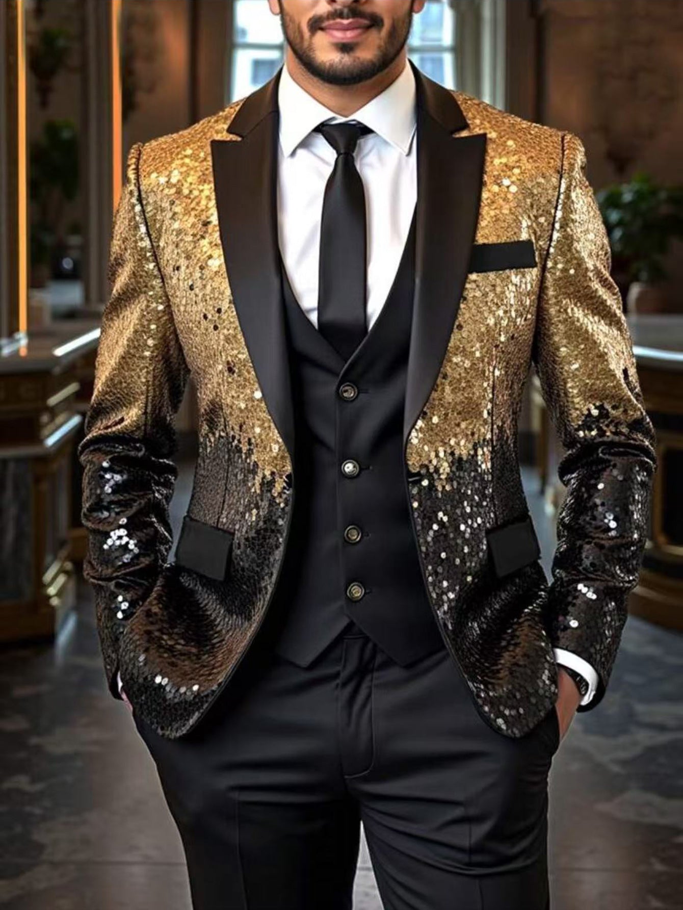 Herren Blazer Pailletten Elegant Modern Schwarzer Anzug