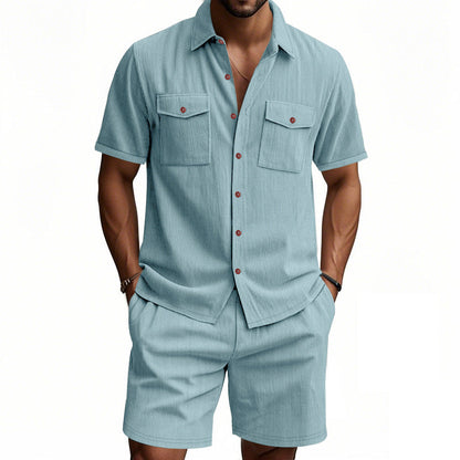 Herren Shorts-Set mit Hemd, Strukturiertes Freizeit-Outfit Sommer