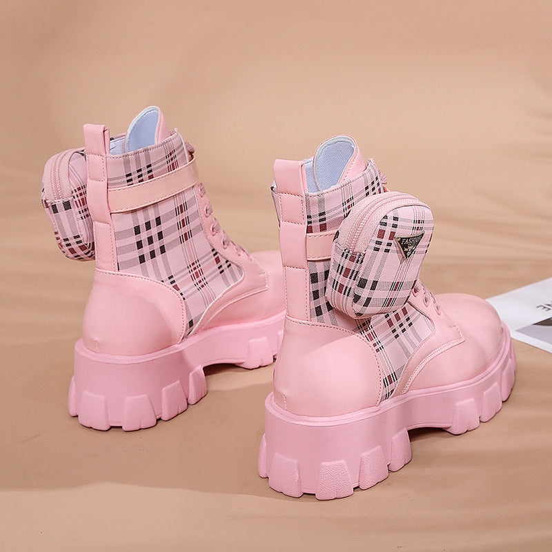 Damen Stiefel Schnürstiefel mit Seitentasche Blockabsatz