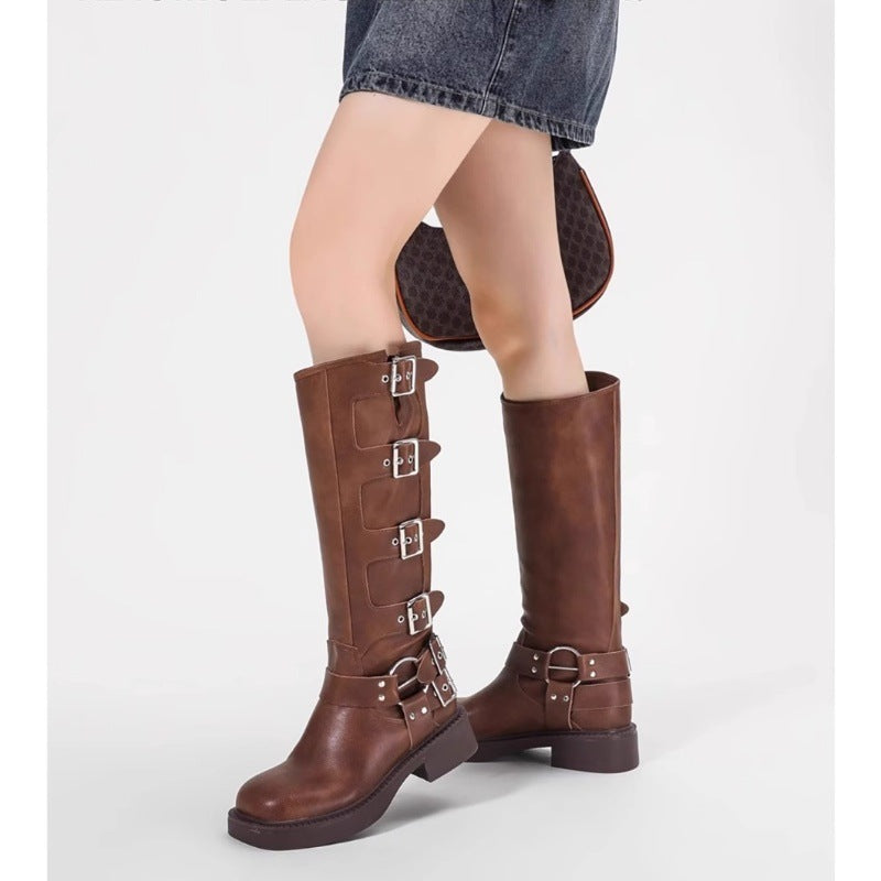 Damen Stiefel Schnalle Blockabsatz Robust Schwarz