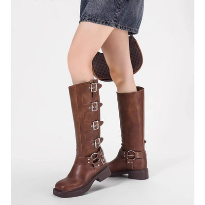 Damen Stiefel Schnalle Blockabsatz Robust Schwarz