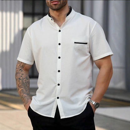 Herren Kurzarmhemd Modern Stehkragen mit Brusttasche