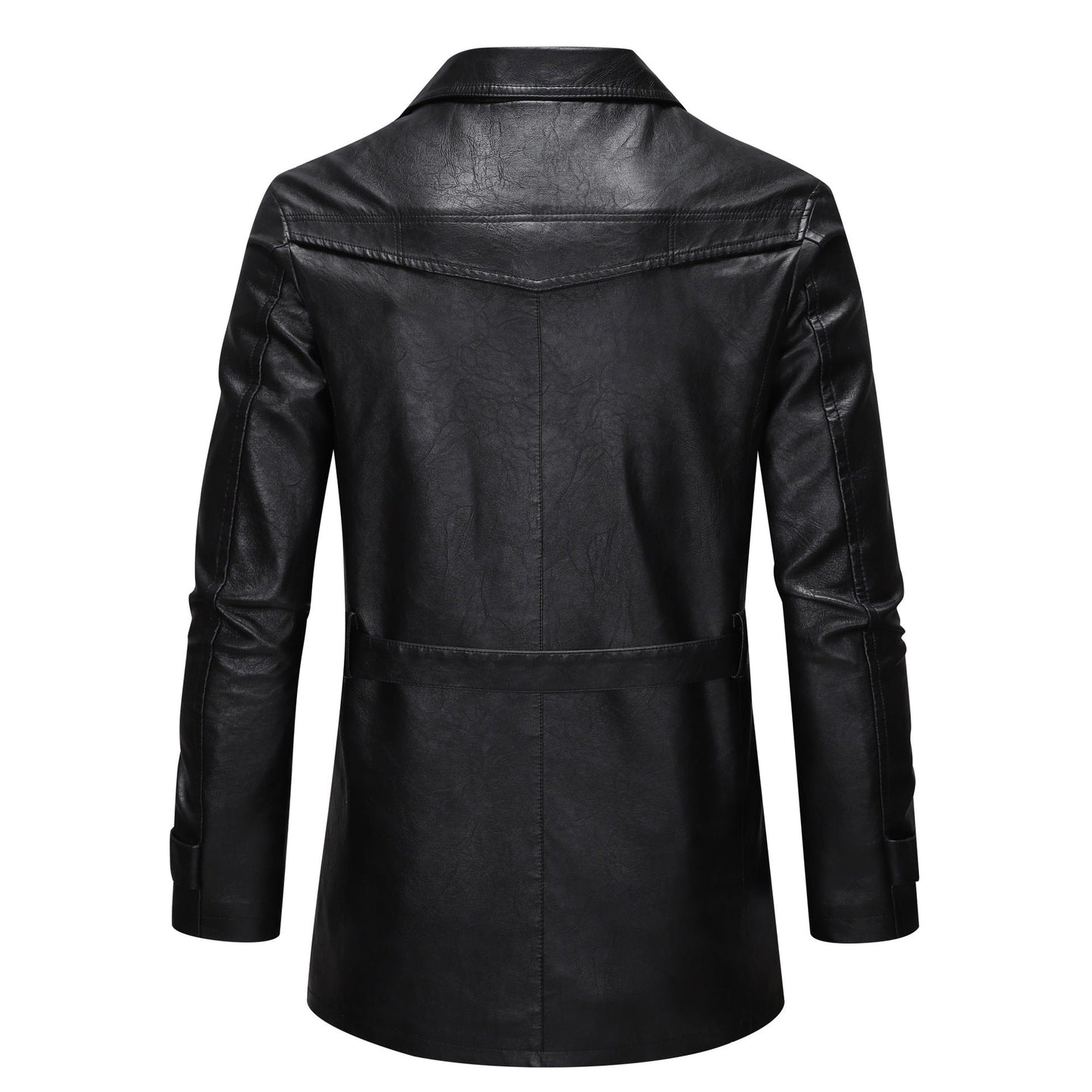 Herren Lederjacke Modern mit Gürtel und Taschen Schwarz