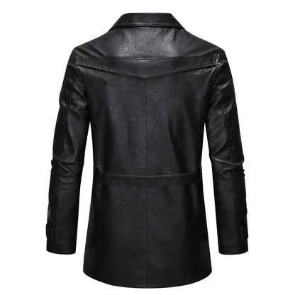 Herren Lederjacke Modern mit Gürtel und Taschen Schwarz