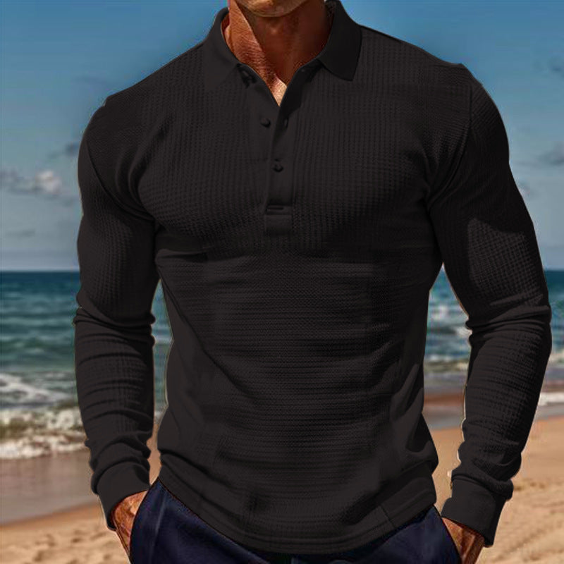 Herren Polo Langarm mit Knöpfen und Struktur Optik Modern