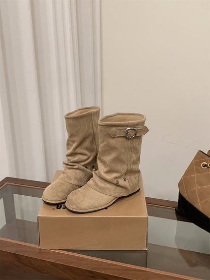 Damen Stiefel Elegant mit Faltenwurf und Druckknöpfen