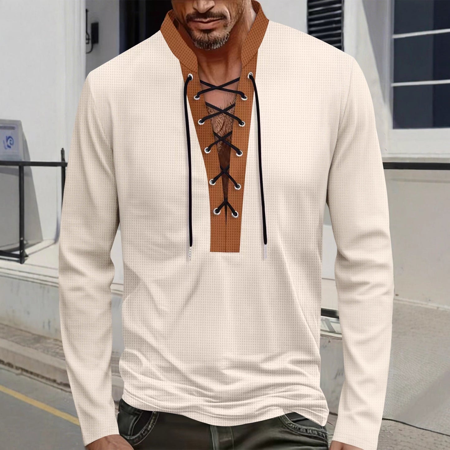 Herren T-Shirt Langarm Modern Schnürung Melange Look