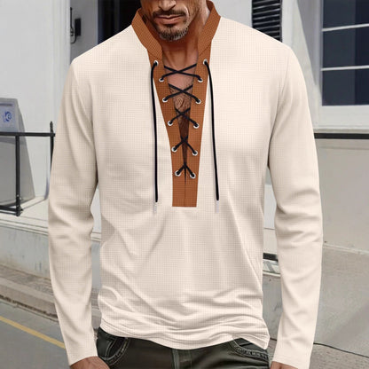 Herren T-Shirt Langarm Modern Schnürung Melange Look
