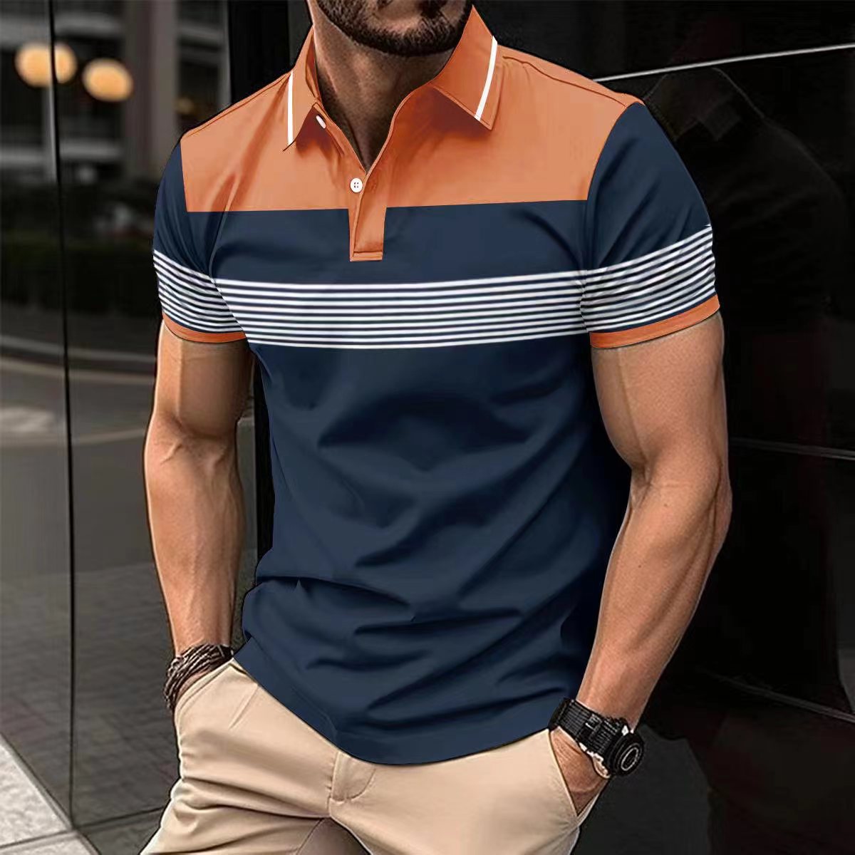Herren Polohemd Kurzarm Streifenmuster Elegant Modern