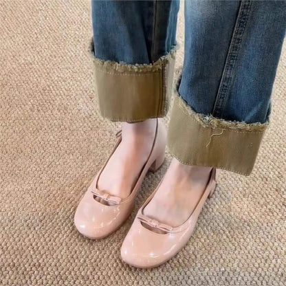 Damen Ballerinas Bequem Blockabsatz Blüten Schnalle