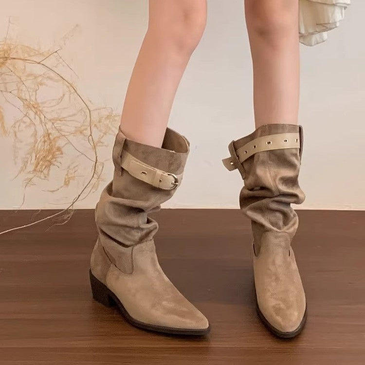 Damen Stiefel Wildleder Rustikal mit Falten-Design - BerlinGlamour