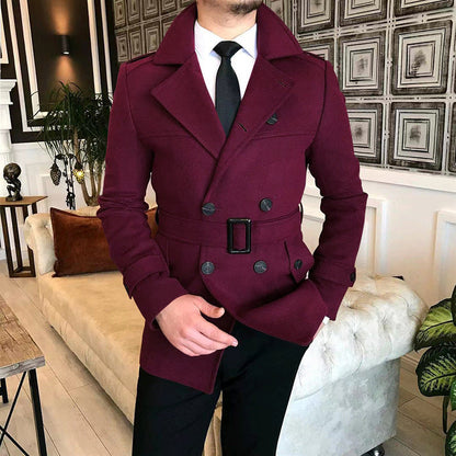 Herren Mantel Elegant Melton mit Gürtel Schwarz Modern