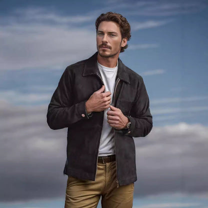 Herren Lederjacke Stehkragen Modern mit Taschen