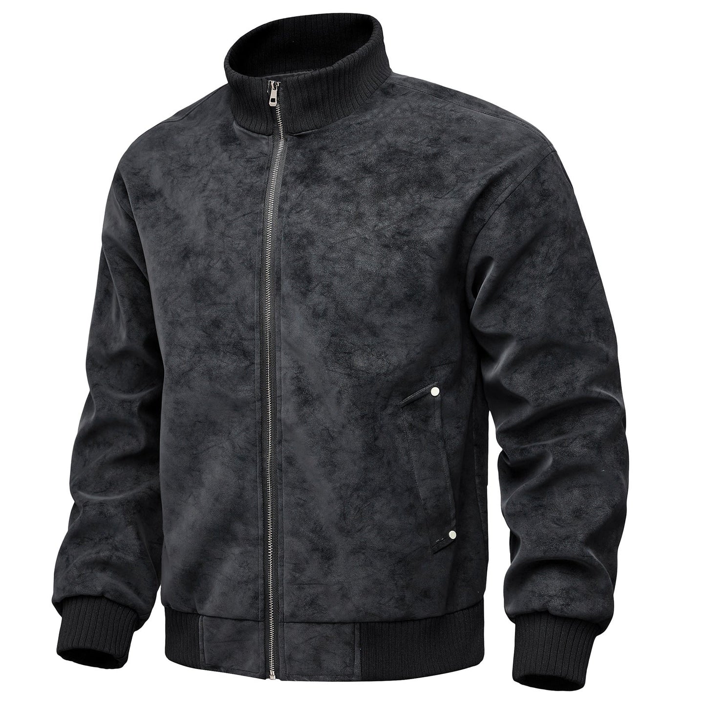 Herren Lederjacke Sportlich Elegant mit Stehkragen und Taschen
