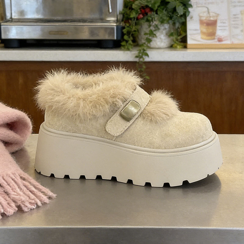 Damen Clogs Flauschig Plattform Schnallenverschluss Warm