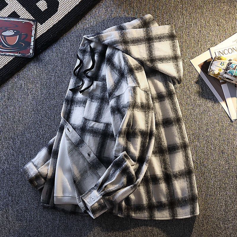 Herren Flanelljacke Kariert Kapuze Knopfverschluss Modern