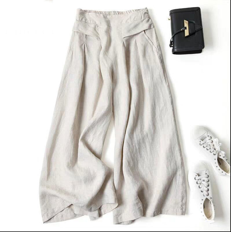 Damen Leinenhose Weit Bequem Mit Hochem Bund