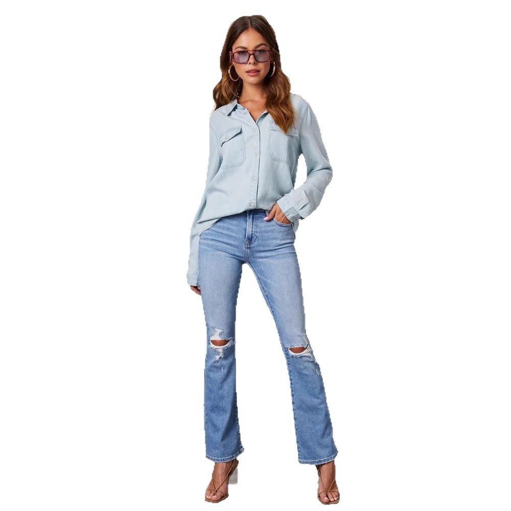 Damen Denim Hemd Umschlagbare Ärmel Zwei Taschen Modern