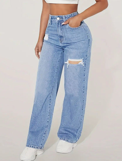 High-Waist Ripped-Jeans Gerades Bein Trendy Damen