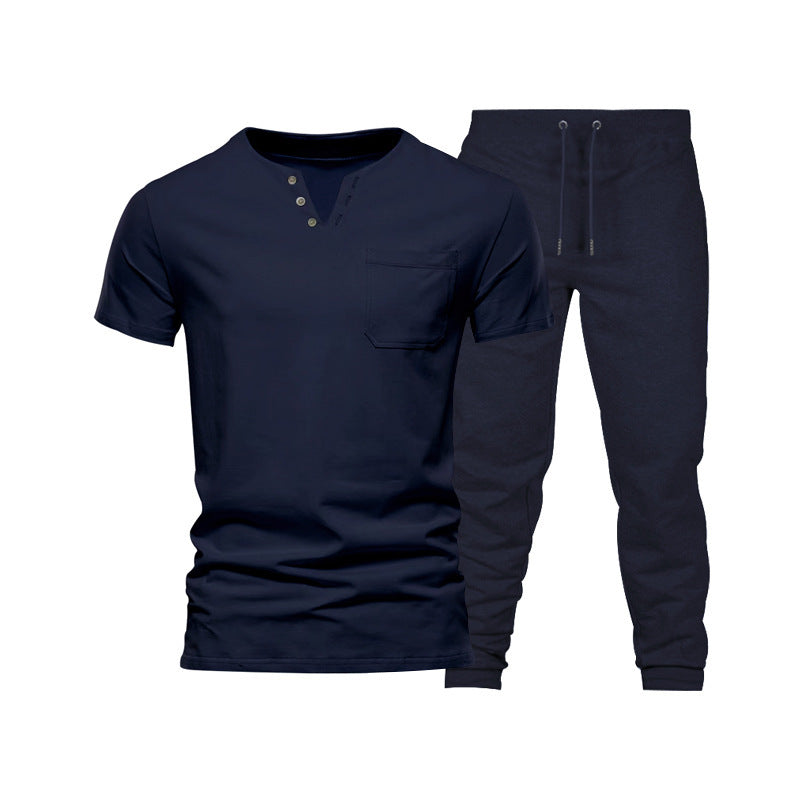 Herren Henley Set Kurzarm mit Brusttasche und Jogginghose Bequem - BerlinGlamour