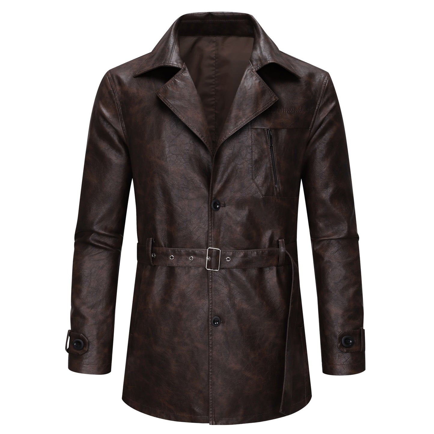 Herren Lederjacke Modern mit Gürtel und Taschen Schwarz - BerlinGlamour