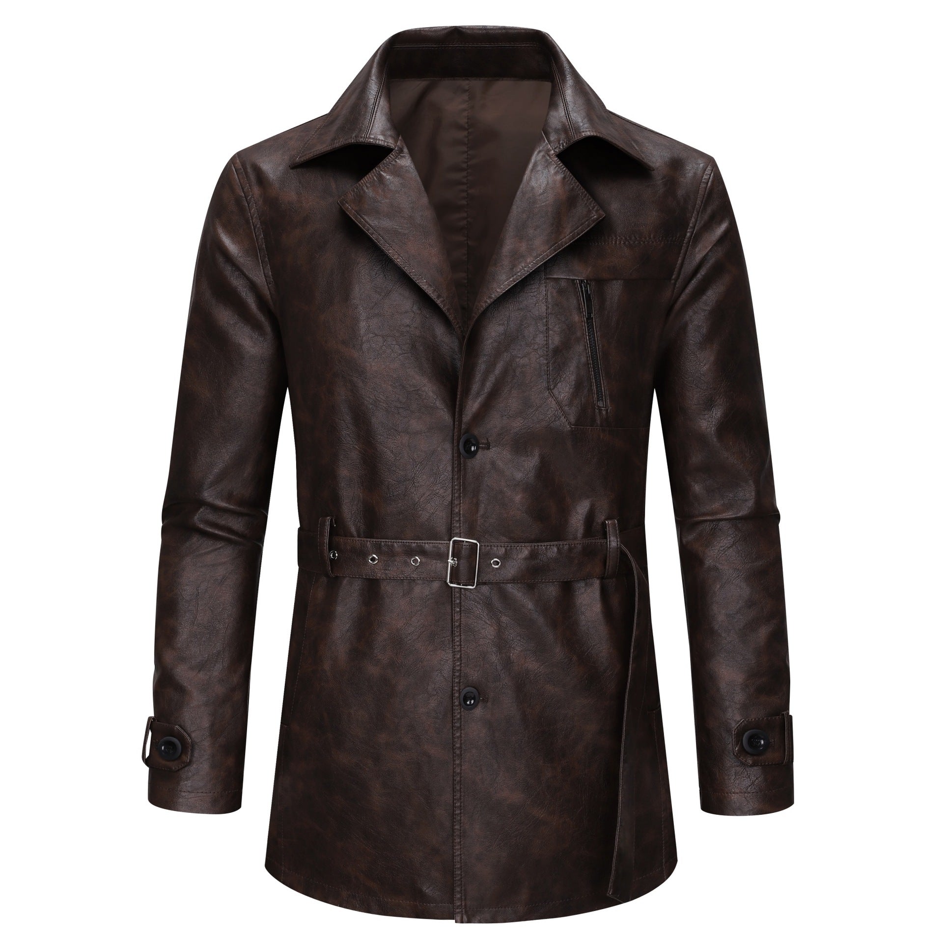 Herren Lederjacke Modern mit Gürtel und Taschen Schwarz - BerlinGlamour