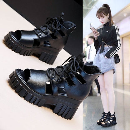 Damen Blockabsatz Sandalen Hochfrontig Schnürsenkel Robust - BerlinGlamour